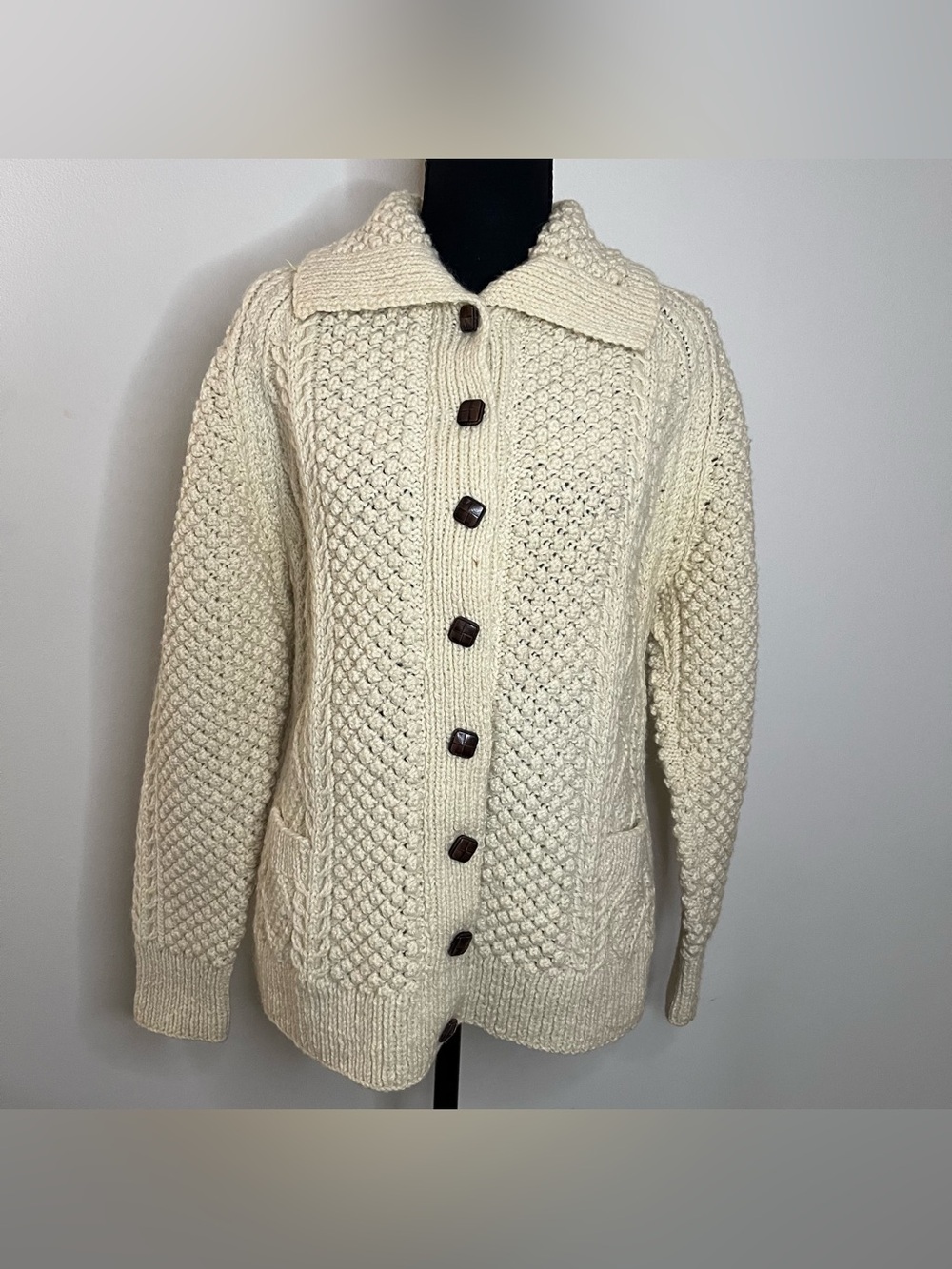 Vintage Cable Mixed Knit Collared Button Fisherman Chunky Sweater M